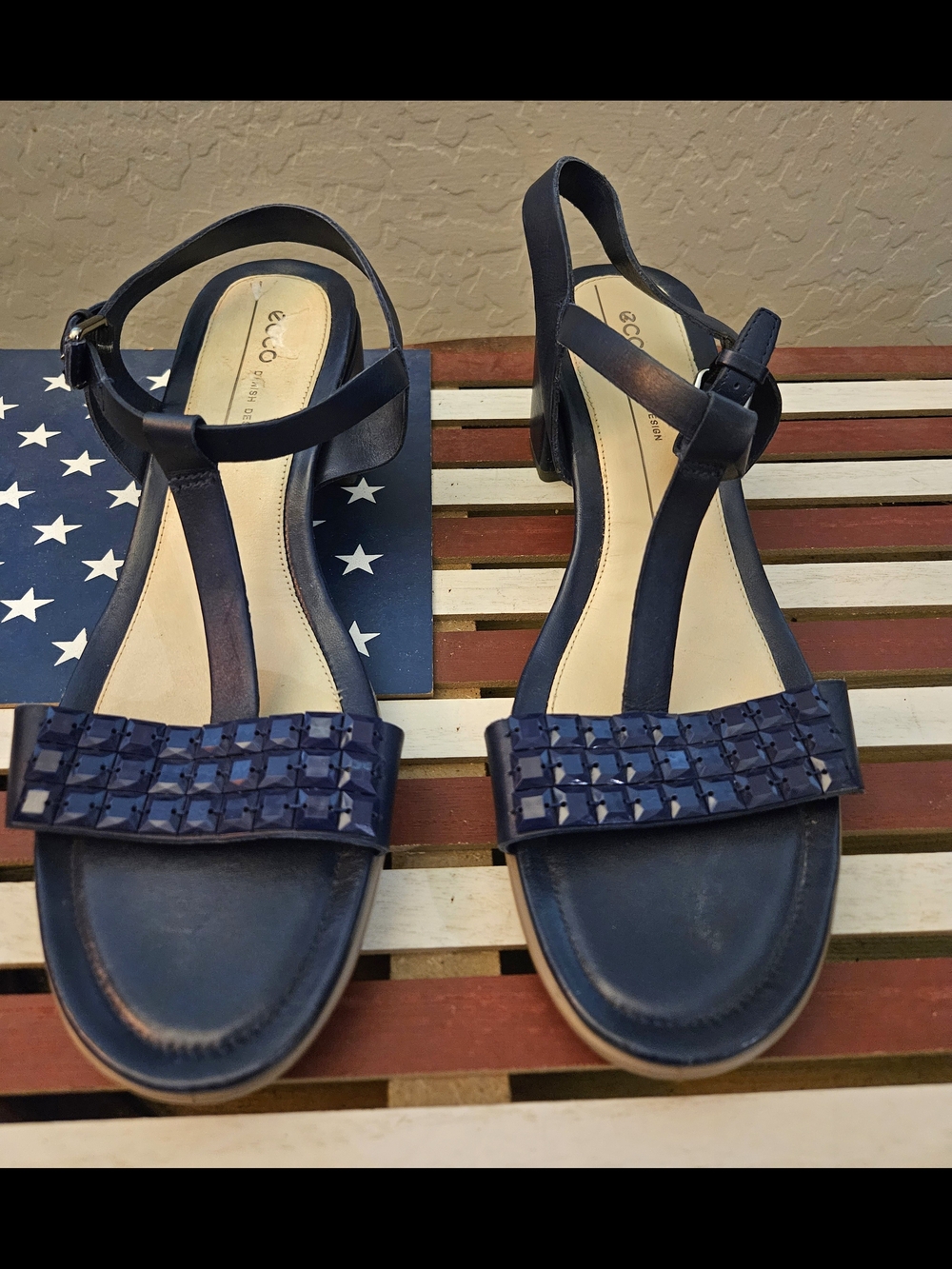 Ecco Women's Navy T-Strap Sandals with Studded Front